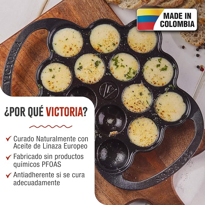 Victoria Cast Iron Poffertjes Dutch Pancake Pan with Loop Handles, Preseasoned with Flaxseed Oil, Made in Colombia