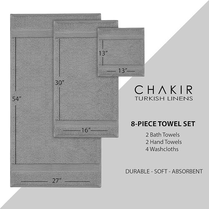 Chakir Turkish Linens Set of 8 Towel Set, 100% Cotton Luxury Turkish Towels for Bathroom, Soft Absorbent Bath Towel Set with 2 Bath Towels 2 Hand Towels 4 Washcloths, Gray