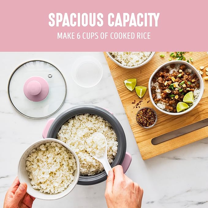 GreenLife Rice Cooker, 3-Cups Uncooked/6-Cups Cooked, Pink | PFAS-Free Ceramic Nonstick Removable Pot, One-Switch Design, Grains Multicooker, Keep Warm, Dishwasher Safe Parts, Easy Clean