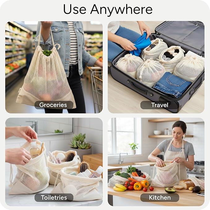 Reusable Produce Bags – 100% Cotton Mesh & Solid Hybrid (Large 12x15 inch 6 Pcs) – Storage Bags for Vegetables, Toys, Clothes, Travel Packing – Washable, Plastic-Free, Breathable, Zero Waste