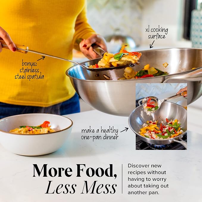 Willow & Everett Stainless Steel Flat Bottom Wok Pan, Professional Traditional Stir Fry Cookware w/Domed Lid & Spatula, Low Maintenance Rust & Scratch Resistant for Induction Gas Electric Stove Top