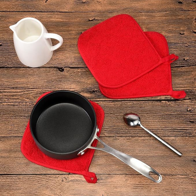 100% Cotton Kitchen Everyday Basic Terry Pot Holder Heat Resistant Coaster Potholder for Cooking and Baking Set of 5 Red