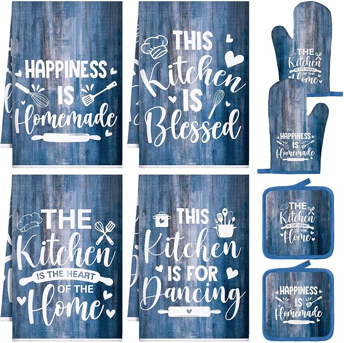 Leinuosen 8 Pcs Farmhouse Kitchen Decor Towels and Oven Mitts Sets Pot Holders Dishcloths Set Kitchen Decorative Accessories Absorbent Potholders Heat Resistant for Chef Baking Cooking