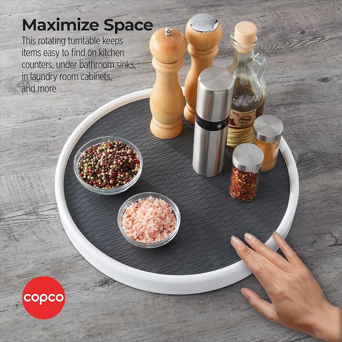 Copco 15 Inch Non-Skid Lazy Susan Turntable Organizer for Cabinet, Pantry, Refrigerator - Charcoal Gray, Smooth-Glide Ball Bearings, Raised Rim