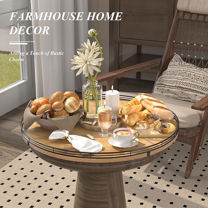 AMH 21-Inch Extra Large Farmhouse Oak Lazy Susan Organizer | Smooth rotating oak tray with walnut finish for dining tables, kitchen counters, pantries and cabinet storage.