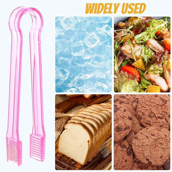 10 Pcs Plastic Buffet Serving Tongs, Clear Pink Kitchen Tongs Mini Serving Utensil Tongs for Food Ice Salad Buffet Barbecue Cookies, 6.3 Inches
