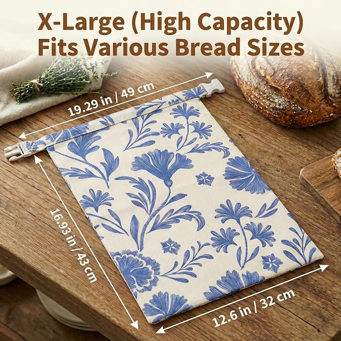 Beeswax Bread Bags for Sourdough & Homemade Bread (2 Pack) | XL 13"x17" Large Reusable Cotton & Linen Bread Bag, Keep Loaves Fresh Longer, Natural & Easy to Clean (Classic Blue Floral)