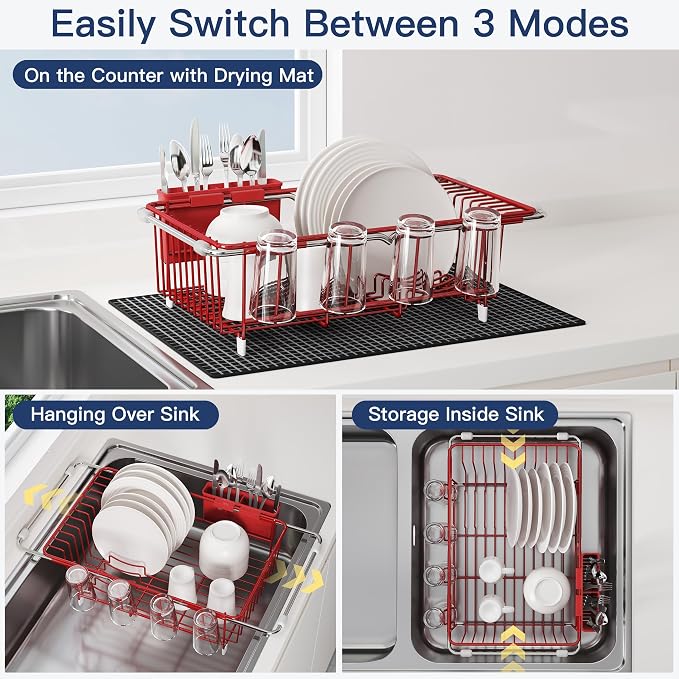 JASIWAY Red Dish Drying Rack in Sink with Mat, Cups and Utensil Holder | Use Over the Sink or Counter, Stainless Steel Expandable Dish Drainer for Small Kitchen, Space Saving, Fast Drain, Rustproof