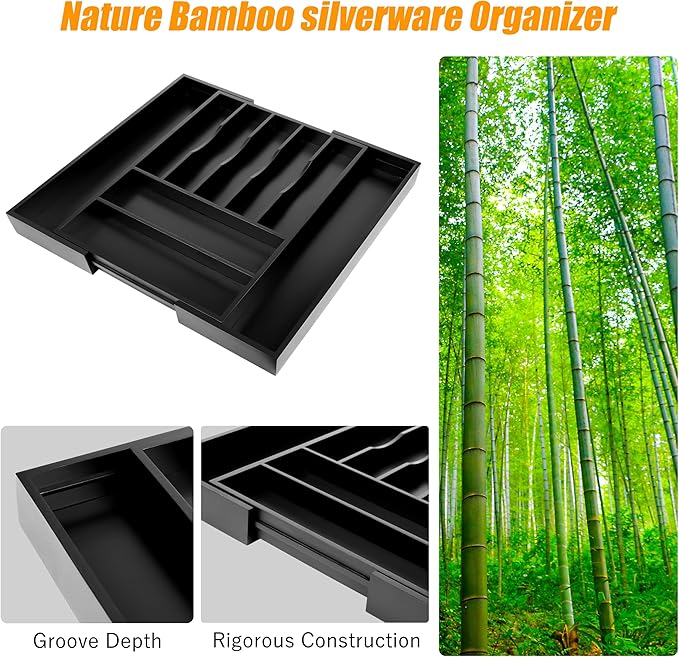 Large Premium Bamboo Silverware Organizer - Expandable Utensil Drawer Organizer - 17"x19.6" Utensil Holder and Cutlery Tray with Grooved for Kitchen Flatware and Utensils(7-9 Slot, Black)