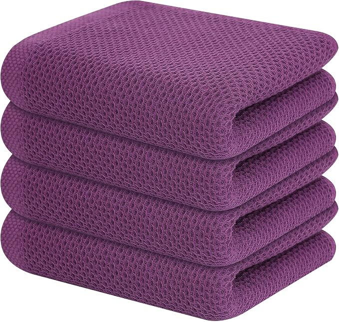 Kitinjoy 100% Cotton Waffle 4-Pack Kitchen Towels, 13" x 28", Violet | Super Soft, Ultra-Absorbent, Fast Drying, lightweight, Quick Drying Kitchen Hand Towels