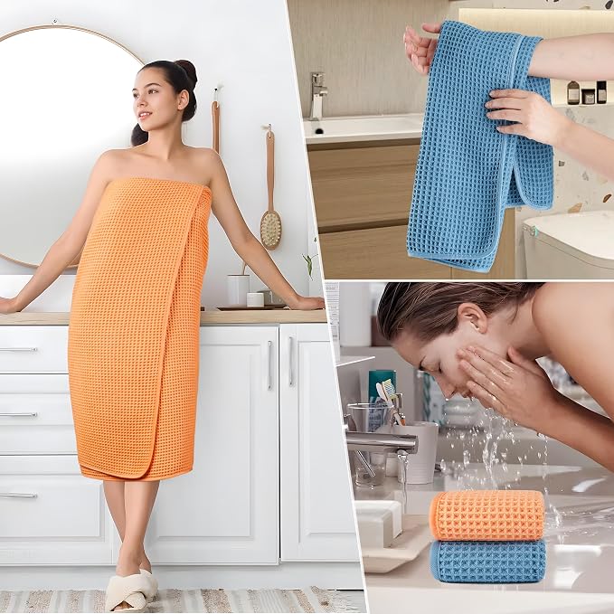 POLYTE 430 GSM Poly Blend Microfiber Quick Dry Waffle Bath Towel Set of 6 | 2-Body Towels, 2-Hand Towels, 2-Wash cloths, Oversize, Lint Free