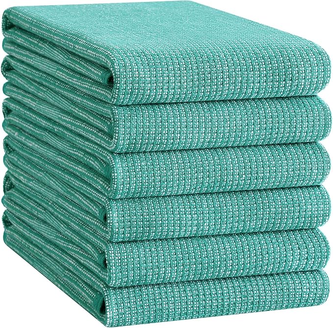 Homaxy 380 GSM Cotton Premium Kitchen Towels 6 Pack, 18"x 28", Green | Flat and Terry Dish Towels, Highly Absorbent Tea Towel Set with Hanging Loop, Soft Utility Kitchen Hand Towels