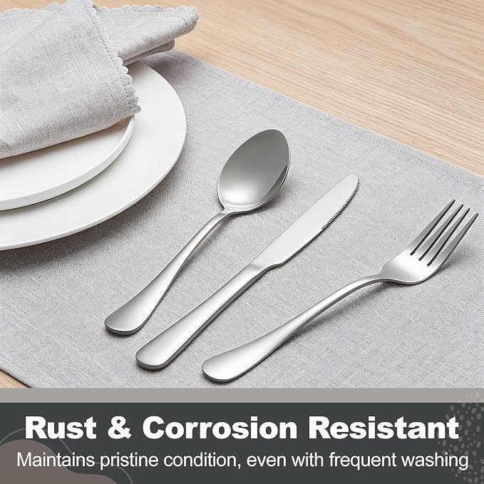 Runfly 40-Piece Silver Flatware Set, Stainless Steel Cutlery Set for 8 | Mirror Polished Durable Utensil Set Includes Knife Fork Spoon for Home Kitchen Restaurant Tableware
