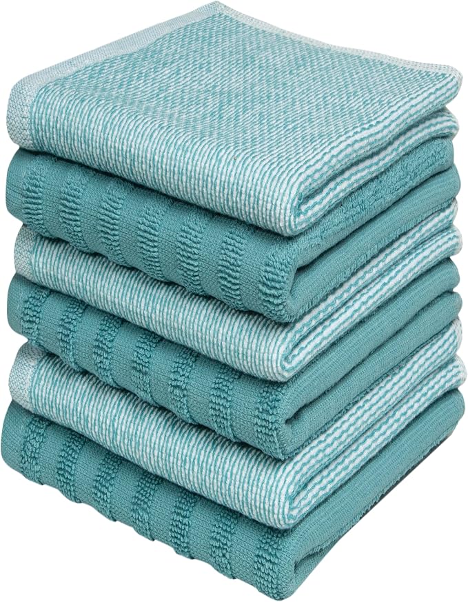 Bumble Premium Dish Cloths 13"x13" (6 Pack) | 100% Natural Ring Spun Cotton | 400 GSM | Highly Absorbent & Soft |Yarn Dyed & Solid Dyed Terry Dish Cloth Set - Aqua