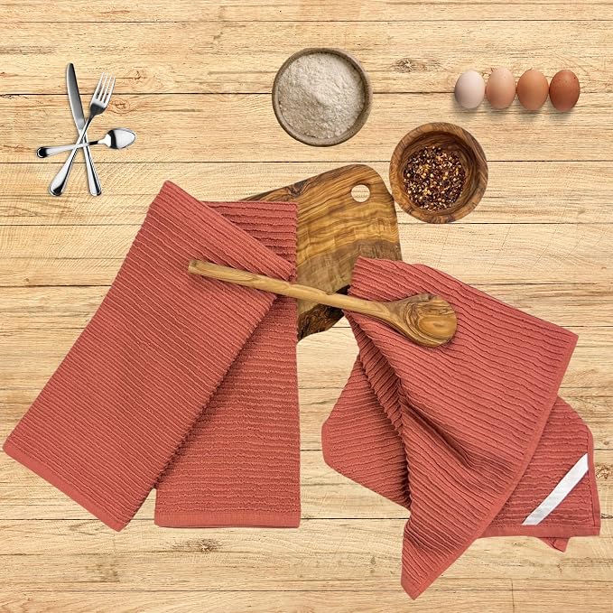 Peach Coral Salmon Kitchen Dish Towels, Set of 3, 100% Cotton, 18" x 28" | Terry Loop Ribbed Textured, Soft & Absorbent Cleaning Cloth, Quick Dry, Multipurpose for Everyday Use