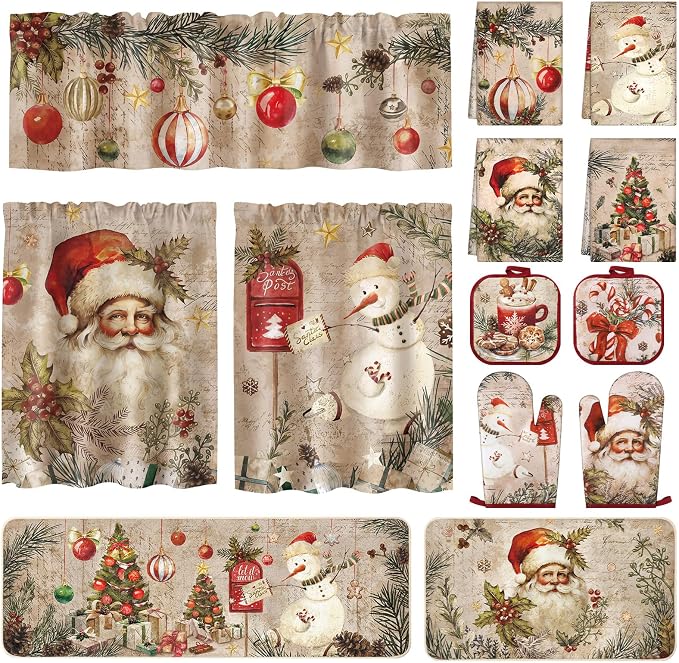 13 Pcs Christmas Kitchen Sets with Santa Snowman Kitchen Towels Christmas Tree Nonslip Mats Curtains Valance Pot Holders Oven Mitts for Xmas Home Decoration Cooking Baking Gift