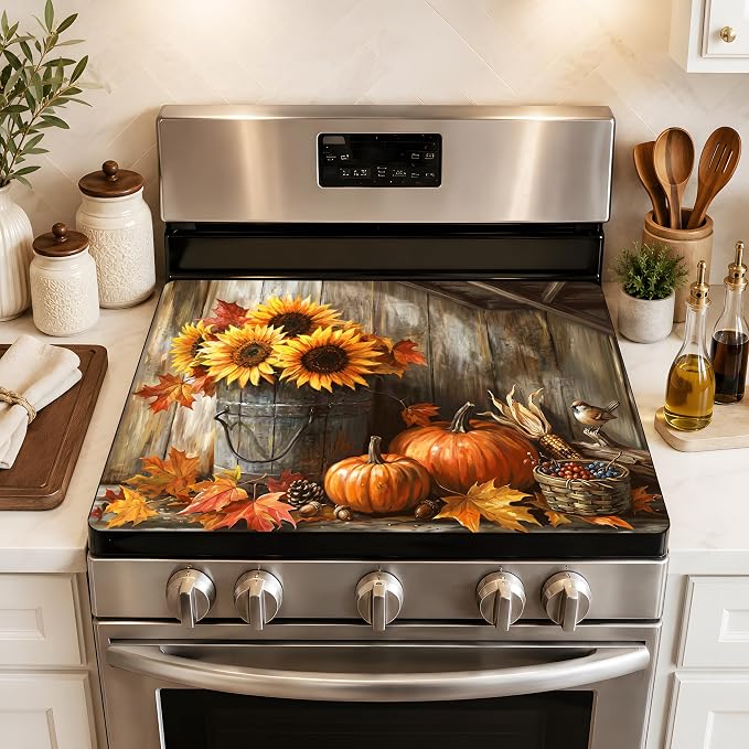 Fall Pumpkin Sunflower Stove Top Cover 28.3 x 20.5 Inch, Rustic Farmhouse Glass Cooktop Protector Mat, Autumn Harvest Electric Range Cover for Kitchen Counter Decor(Orange Sunflower)