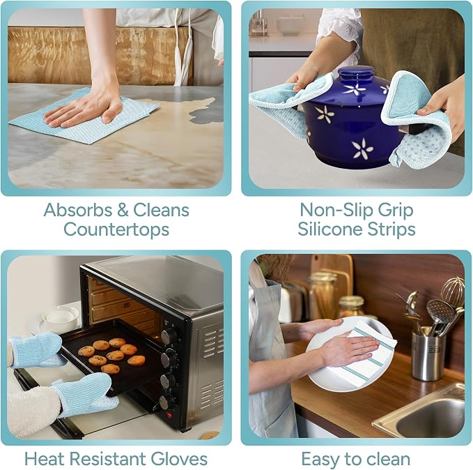 Casa Platino Oven Mitts and Pot Holders Sets, 8-Piece – 500°F Heat Resistant Mini Oven Mitt with Silicone Grip, Potholders for Kitchens, 2 Kitchen Towels & 2 Dish Cloths – Non-Slip & Durable – Aqua