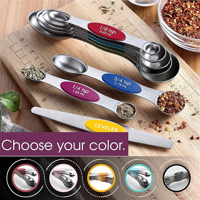 Spring Chef Stainless Steel 8 Magnetic Measuring Spoons, 2 Pack, Multicolor | Dual Sided Metal Teaspoon & Tablespoon Measuring Spoons with Leveler for Dry & Liquid Ingredients, Nesting, Dishwasher Safe
