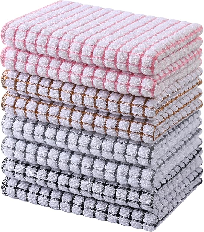Mordimy Cotton 8 Pack Terry Kitchen Towels, 16 x 25 Inches | Super Soft and Absorbent Dish Towels, Quick Drying Hand Towels for Kitchen Drying, Black/Grey/Pink/Brown