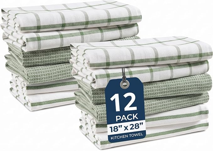 LANE LINEN Kitchen Towels Set - Pack of 12 Cotton Dish Towels for Drying Dishes, 18”x 28”, Premium Hand Towels, Tea Towel, Quick Drying Kitchen Towel Set - Olive