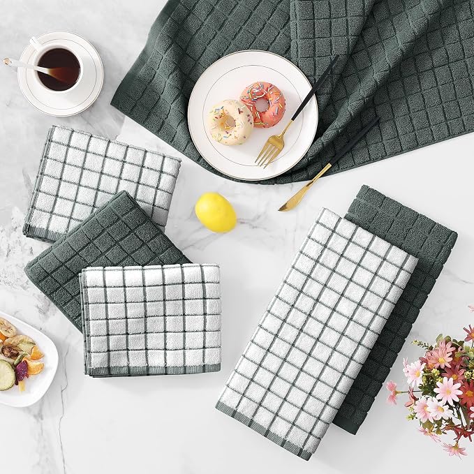 Homaxy Large Premium Cotton Kitchen Towels 16"x 28", 12 Pack, Dark Green | Natural Ring Spun 390 GSM Dish Towels, Super Absorbent Terry Kitchen Hand Towels, Soft Tea Towels with Hanging Loop