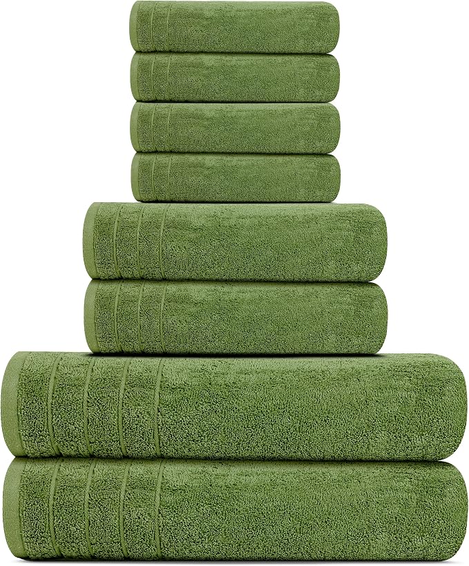 8 Piece Towel Set, 2 XL Bath, 2 Hand, 4 Washcloth, Green | 100% Cotton, Lighter Weight, Quicker to Dry, Super Absorbent, Perfect for Bathroom