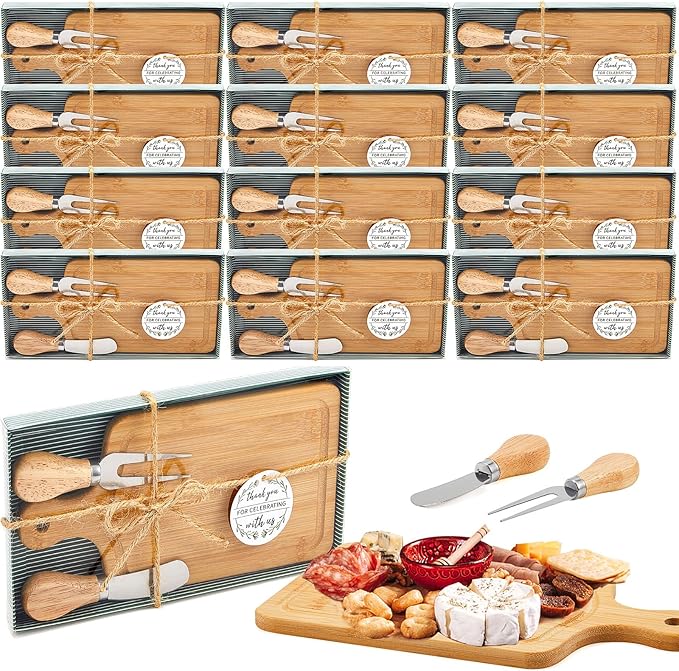12 Sets Bridal Shower Favor Prizes Charcuterie Board,Bamboo Color | Bamboo Cheese Board with Knife Fork Thank You Tag, Gift Box for Guests, Valentines Wedding Baby Shower Party Favors