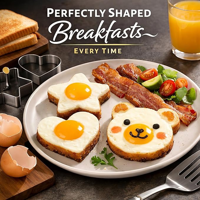 Pancake & Egg Mold Set – 5 Stainless Steel Shapes for Kids Breakfast Non‑Stick Egg Rings for Frying Eggs, Omelets & Mini Pancakes Heart, Star, Flower, Circle & Mouse Heat‑Safe, Dishwasher Safe