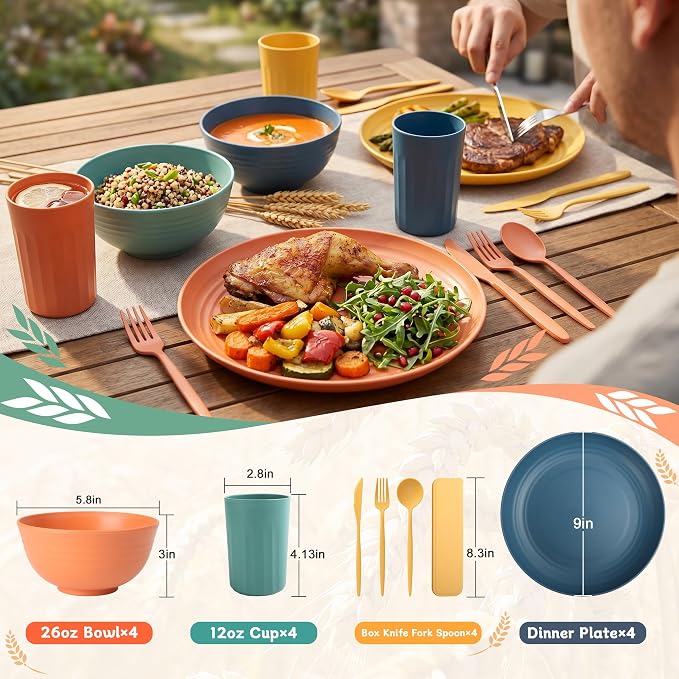 PYRMONT Wheat Straw Dinnerware Sets Unbreakable Dish Set for 4 Dishwasher & Microwave Safe Plates and Bowls Sets 28 PCS Alternative Plastic Dishes Set for Camping,Picnic,BBQ-Colorful