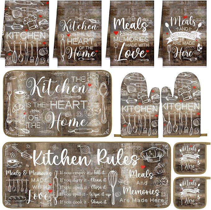 Fourluoo 10 Pcs Brown Kitchen Decor and Accessories Set Farmhouse Oven Mitts and Pot Holders Brown Dish Towels Kitchen Rugs and Mats for Home Decorations Baking Cooking Birthday Summer Gifts