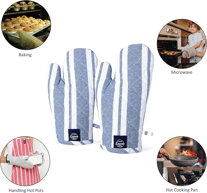 Encasa XO Oven Mitts, Heat Resistant Kitchen Gloves, Microwave | Franca Blue Stripes, 100% Cotton | Diamond Quilted Insulation | Pot Holders | Hanging Loop | Barbecue & Grill | Set of 2