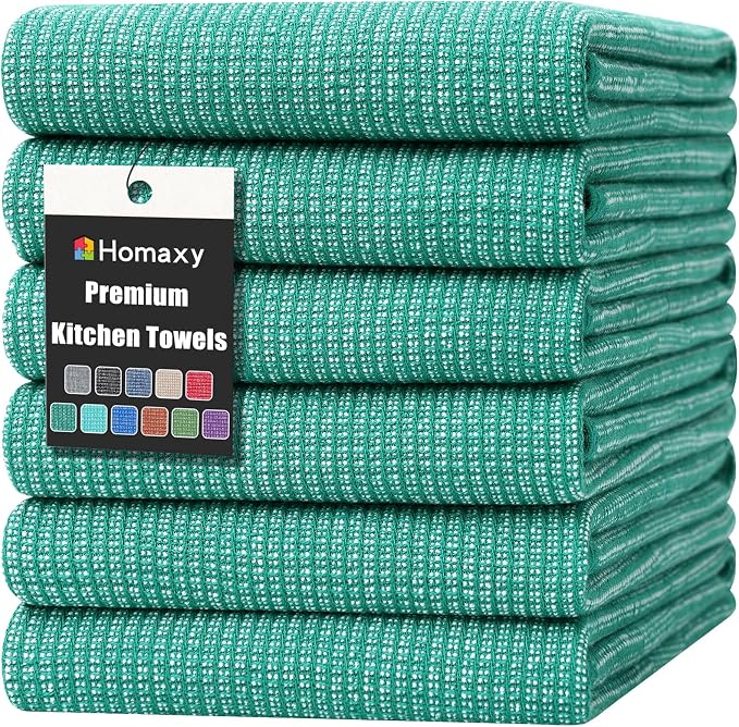 Homaxy 380 GSM Cotton Premium Kitchen Towels 6 Pack, 18"x 28", Green | Flat and Terry Dish Towels, Highly Absorbent Tea Towel Set with Hanging Loop, Soft Utility Kitchen Hand Towels