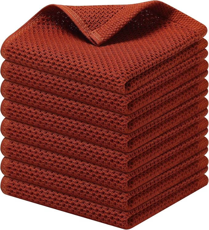 Kitinjoy 100% Cotton Waffle 8-Pack Kitchen Towels, 12" x 12", Rust | Ultra Absorbent, Super Soft, lightweight, Quick Drying Dish Rags for Washing Dishes