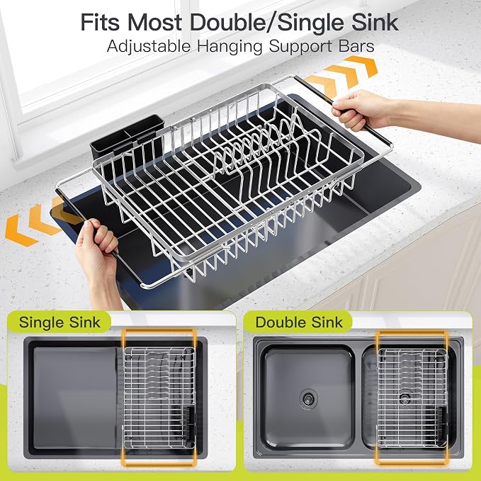 JASIWAY Expandable Dish Drying Rack Over the Sink with Utensil Holder | Stainless Steel Adjustable Dish Driainers for Small Kitchen, Counter Space Saving, Fast Drain, Rustproof, For Apartment, RV