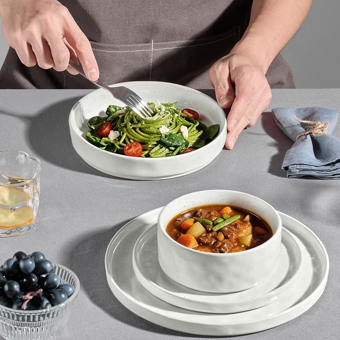 E-far Stoneware Dinnerware Set, 16-Piece White Plates and Bowls Sets for 4 | Modern Ripple Design Dishes Set for Kitchen Dining, Chip & Scratch Resistant, Microwave & Dishwasher Safe, Speckled White
