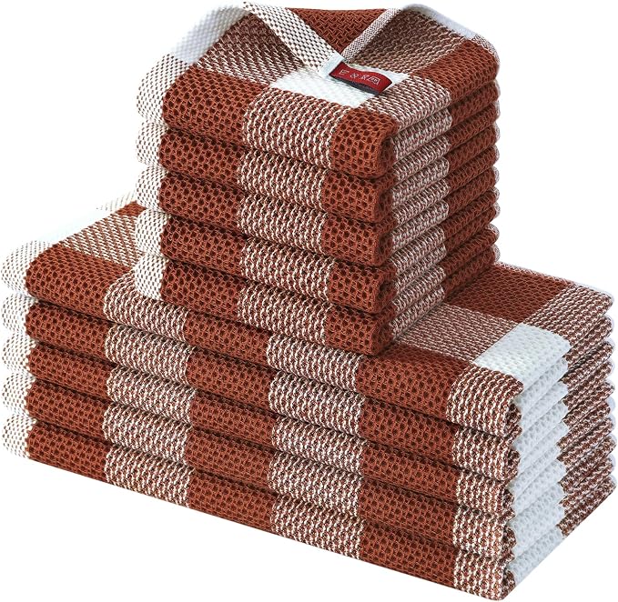 Homaxy Kitchen Towels and Dishcloths Set, Set of 10, White & Rust | Bulk Cotton Waffle Weave Check Plaid Kitchen Towels, Super Soft and Absorbent Dish Cloths, 12 x 12 and 13 x 28 Inches