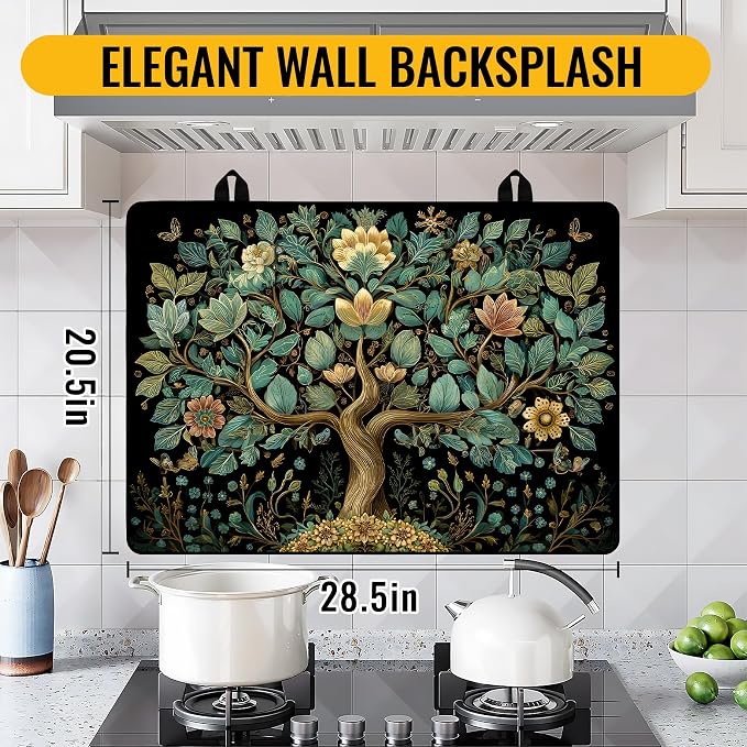 NYZE Stove Top Cover for Electric Stove 28x20 Inch Silicone Stove Topper & Protector, Decorative Kitchen Mat for Electric/Glass Stove Top (Teal & Gold Floral Tree)