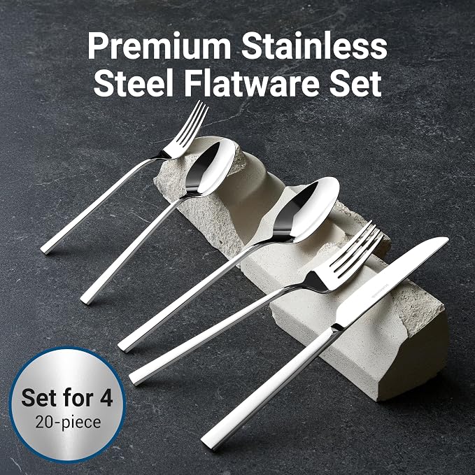 20-Piece Durable 18/10 Silverware Set, Stainless Steel Flatware | Dishwasher Safe, Service for 4, Spoons and Forks Set for Everyday Use, Home, Kitchen, Restaurant, Hotel, Party (Essen)