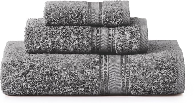 LANE LINEN Bathroom Towel Set 3 Piece Soft Absorbent Quick Dry - Cool Grey | Pack Of Towels - Coordinated Colors, Dobby Border Accent, OEKO-TEX Certified, Zero-Twist Durability, Zero-Twist Cotton