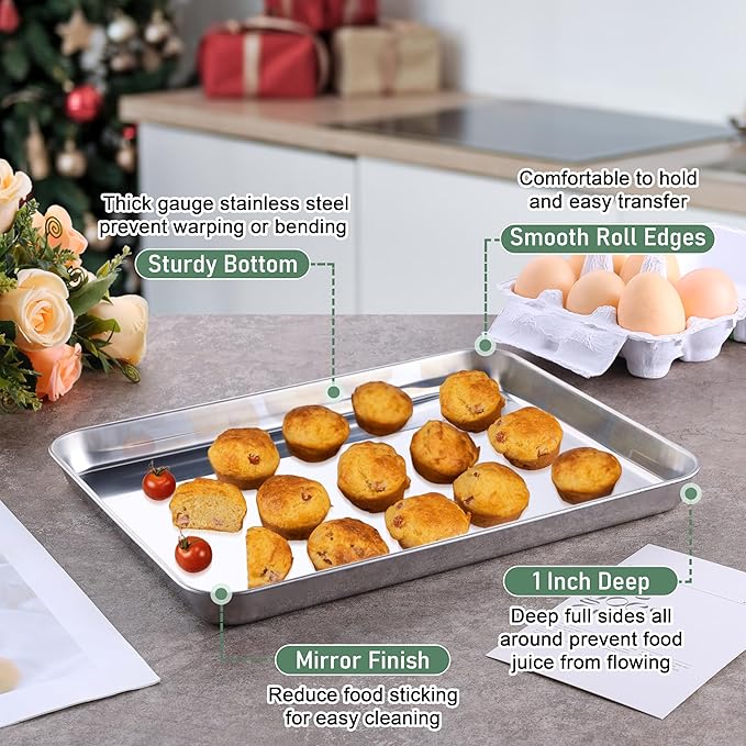 Homikit Quarter Sheet Pan with Wire Rack (2 Baking Sheet+2 Rack), 12" x 10" | Stainless Steel Quarter Baking Tray with Grid Cooling Rack for Toaster Oven Roasting, Metal Bacon Cookie Pan, Dishwasher Safe