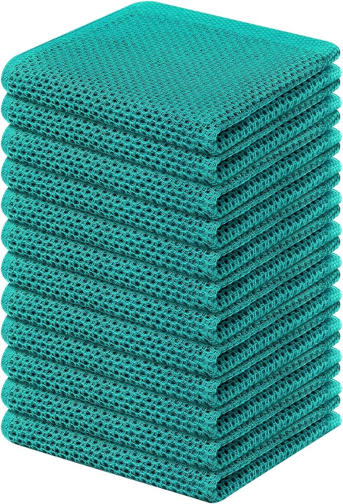 Kitinjoy 100% Cotton Waffle 12-Pack Kitchen Towels, 12" x 12", Teal | Ultra Absorbent, Super Soft, lightweight, Quick Drying Dish Rags for Washing Dishes