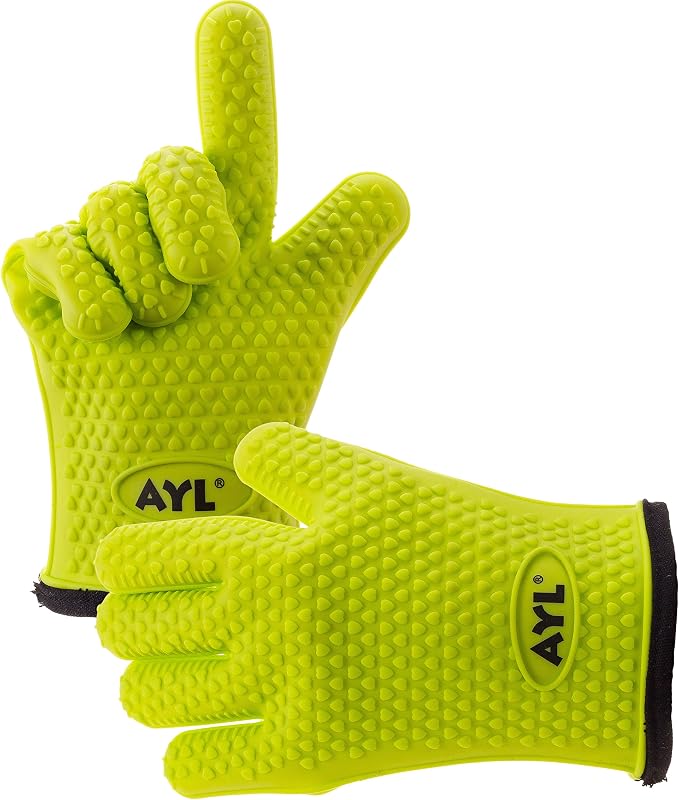 AYL Silicone Smoker Oven Gloves - Extreme Heat Resistant BBQ Gloves - Handle Hot Food on Your Grill, Pit & Turkey Fryer | Waterproof Meat Handling Mitts with Cotton Layer | Ultimate Set + Bonuses