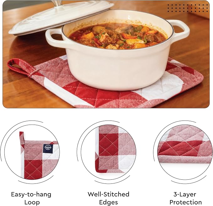 Encasa XO Oven Mitts and Pot Holders Set, Heat Resistant Cotton | Buffalo Red Checks, Diamond Quilted | Non-Slip Grip | Microwave & Oven Safe | Hanging Loop | Machine Washable | Set of 2