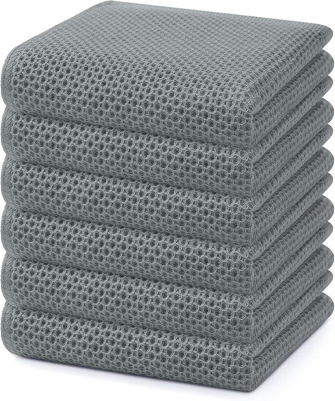 Homaxy 100% Cotton Waffle Weave Kitchen Dish Towels 6-Pack, Grey | 13 x 28 Inches, Ultra Soft Absorbent Dish Towels, Quick Drying Cleaning Towels