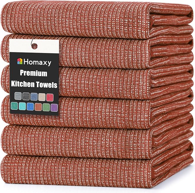 Homaxy 380 GSM Cotton Premium Kitchen Towels 6 Pack, 18"x 28", Rust | Flat and Terry Dish Towels, Highly Absorbent Tea Towel Set with Hanging Loop, Soft Utility Kitchen Hand Towels