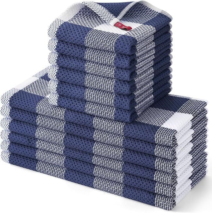Homaxy Kitchen Towels and Dishcloths Set, Set of 12, White & Navy Blue | Bulk Cotton Waffle Weave Check Plaid Kitchen Towels, Super Soft and Absorbent Dish Cloths, 12 x 12 and 13 x 28 Inches