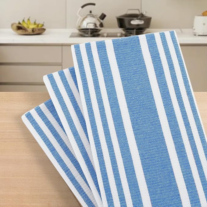 Homaxy Premium Cotton Stripe Kitchen Towels 8 Pack, 18"x 28", Blueberry | Large 380 GSM Kitchen Hand Towels, Soft Terry Dish Towels, Highly Absorbent Tea Towel Set with Hanging Loop