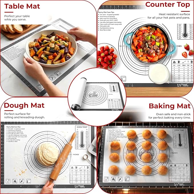 XL Silicone Pastry Mat for Baking Dough Mat, Extra Large 28x20 inches Grey | Non-Stick & Non-Slip Dough Mat for Rolling Out with Measurements, Bread, Pizza, Pie Crust, Cookies, Fondant Oven Safe