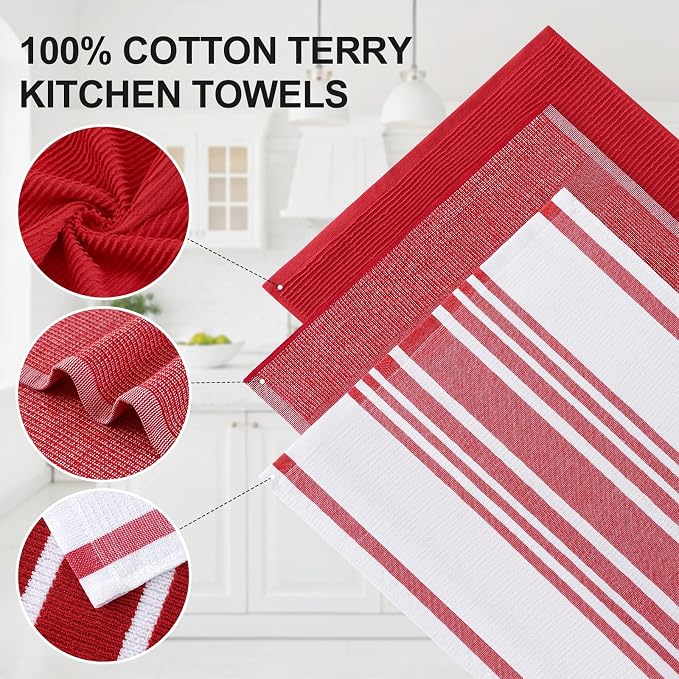 Homaxy Cotton 380 GSM Premium Kitchen Towels, 18"x 28", 3 Pack, Red | Soft and Absorbent Terry Dish Towels, Multipurpose Tea Towel Set with Hanging Loop, 3 Styles Kitchen Hand Towels